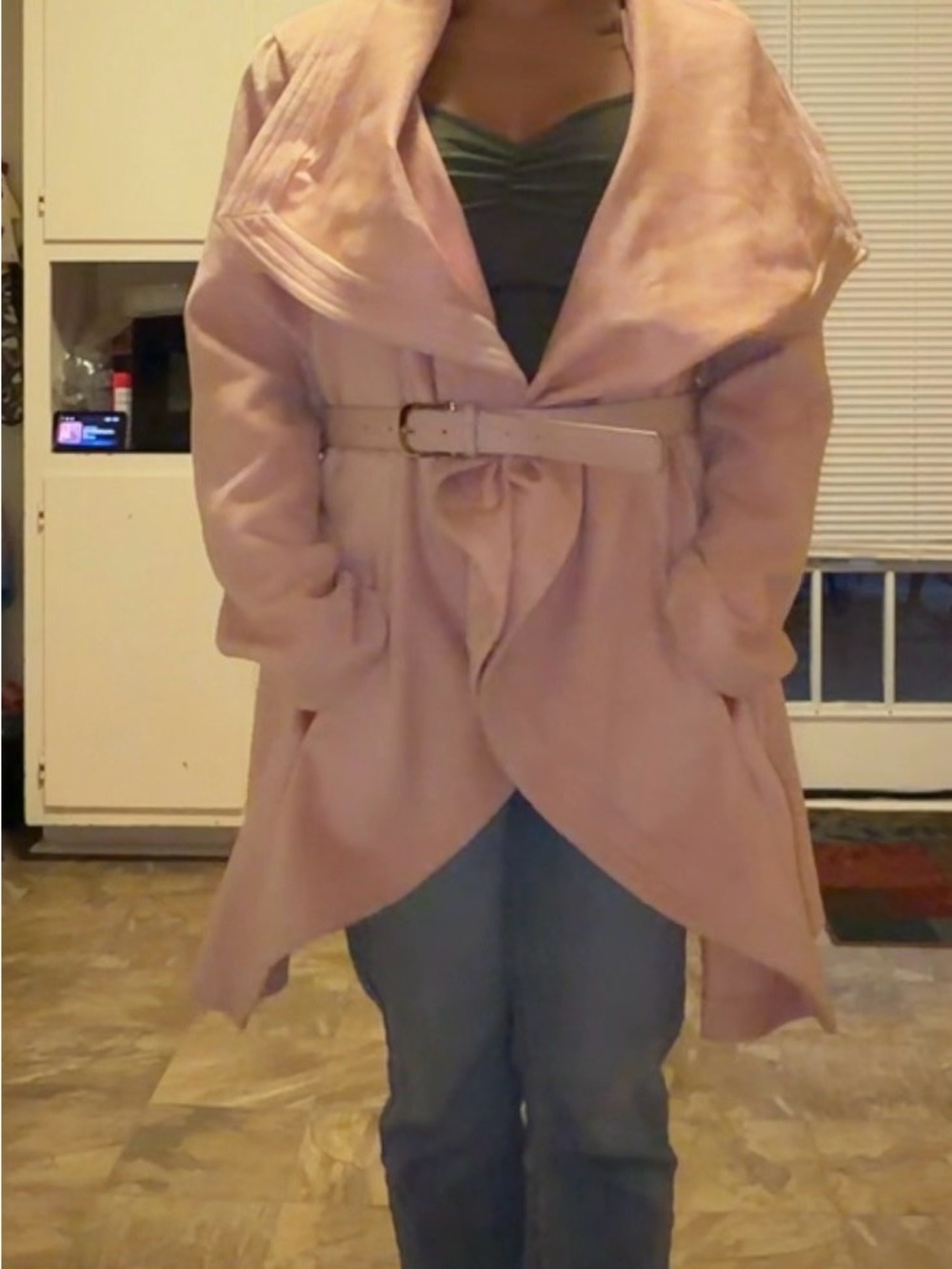 VENUS Soft Blush Pink Belted Draped Trench Coat